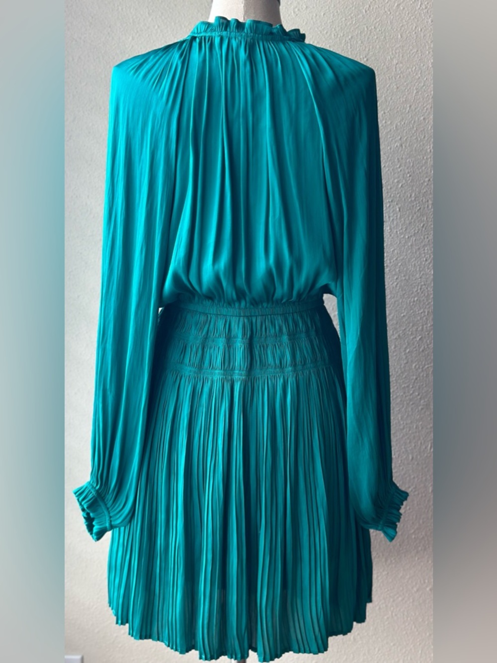 Current Air Teal Pleated Long-Sleeve Tie-Neck Dress - Picture 2 of 7